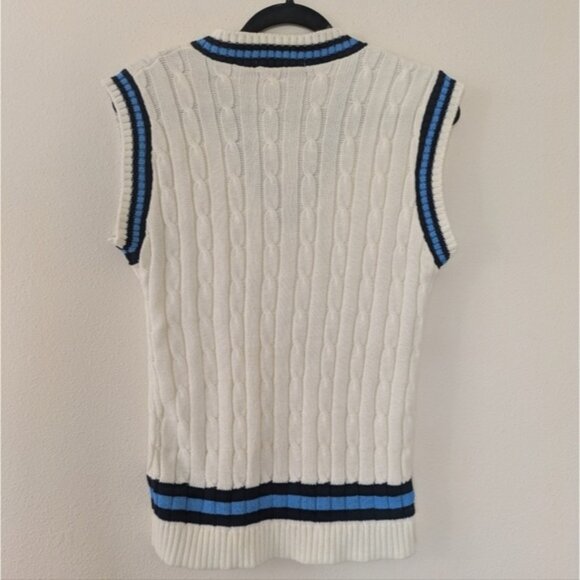 White with Blue Trim Cable Knit Sweater Vest sz M V-Neck Preppy - Picture 2 of 7